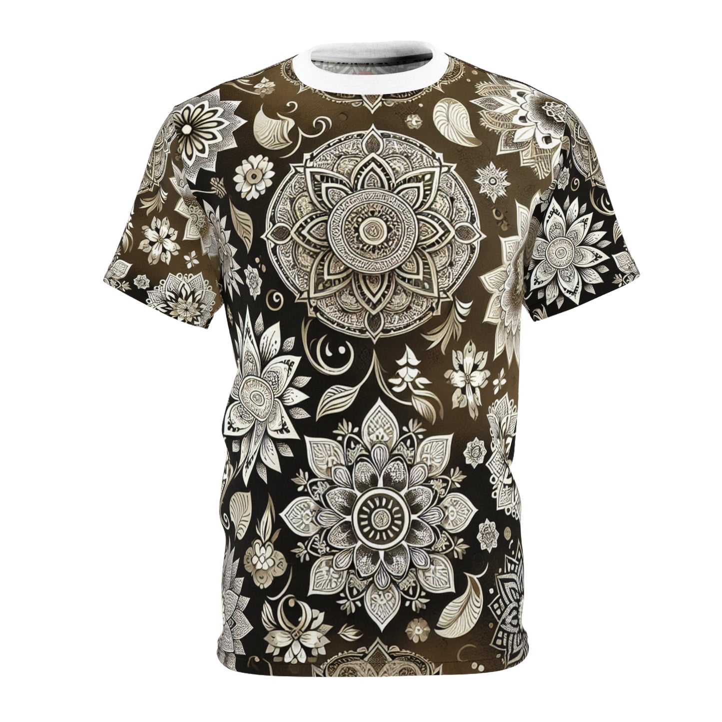 Traditional Indian Motif Collection: Intricate Floral & Geometric Seamless Pattern T-Shirt - Shiny Gold & White - Modern Meets Classic Heritage Design