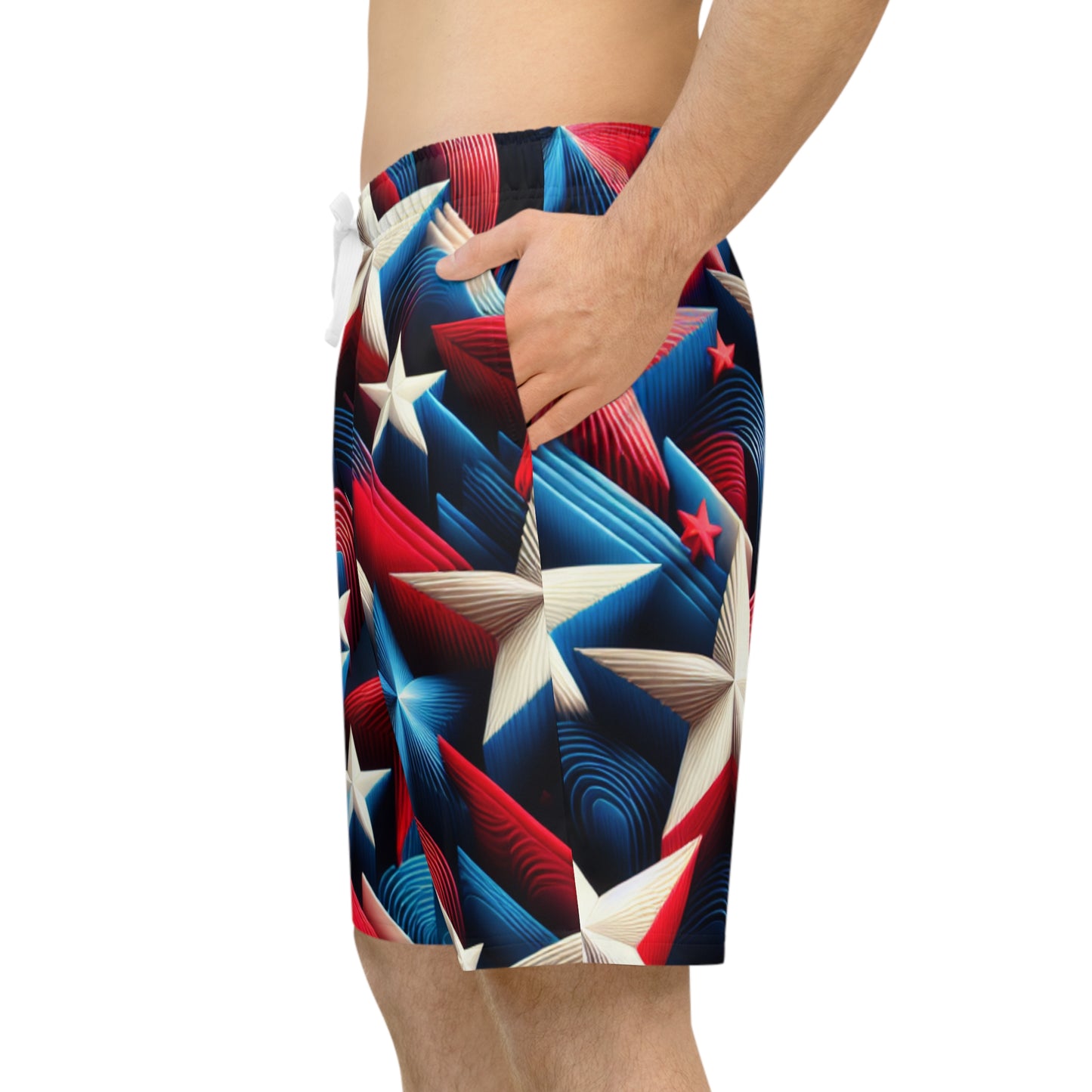 3D Star-Dazzle Shorts: Red, White, Blue Starburst - Festive, Patriotic Party Wear - Patriotic Streetwear Shorts