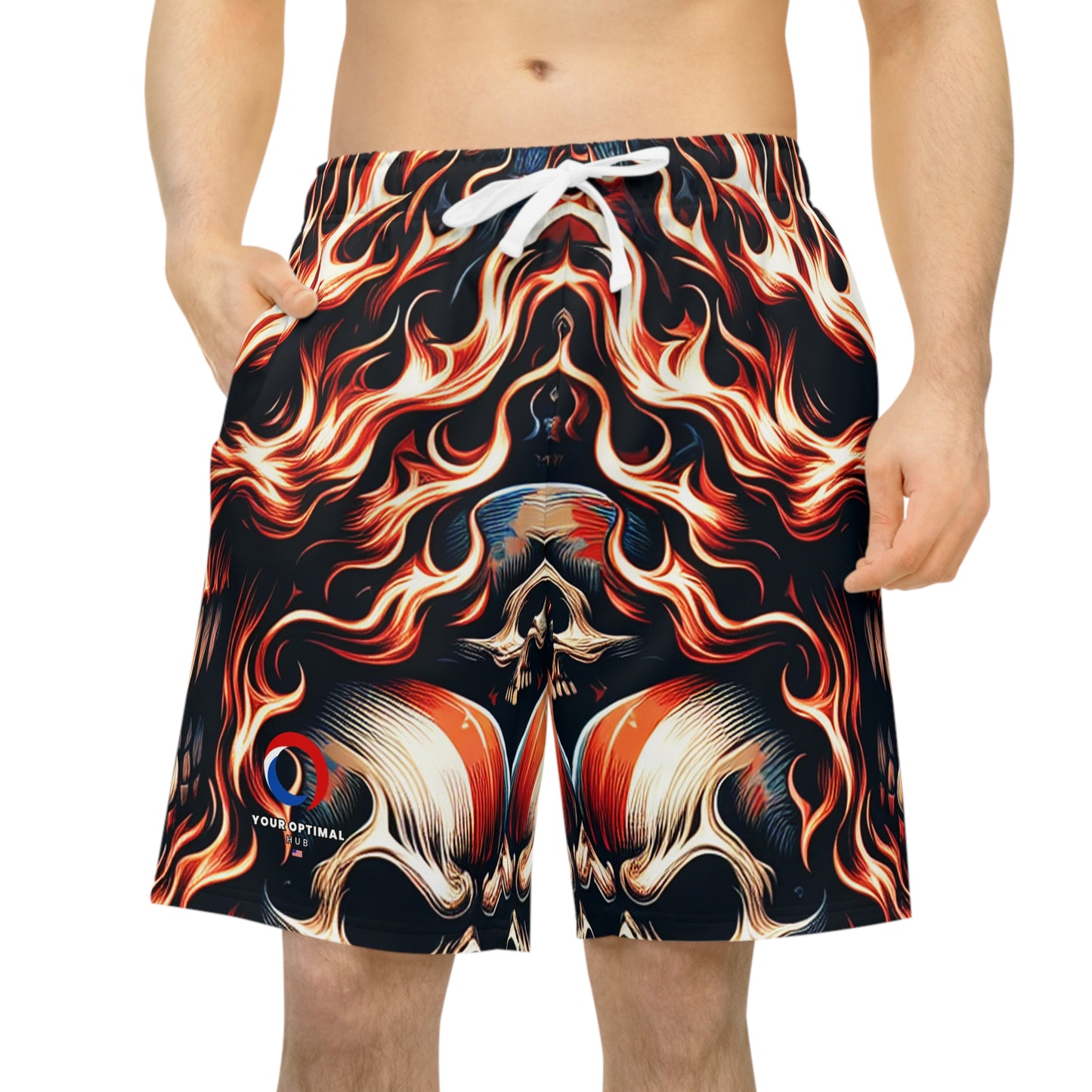 Inferno Patriot: Fiery Skulls on American Flag Motif Shorts - Patriotic Streetwear Shorts