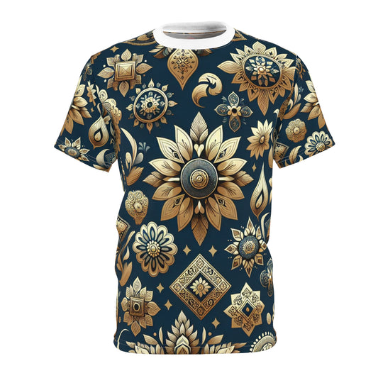 Indian Heritage Gold Motif Seamless Pattern T-Shirt - Shiny Gold Traditional Motifs on Rich Blue Background - Intricate Floral and Geometric Design Tee