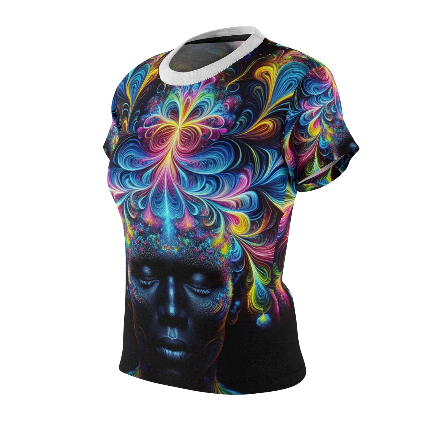 Psychedelic Serenity: Women's Neon Meditation Tee with Vibrant Energy Crown & Surreal Floral Motifs - Women's Trippy Tee