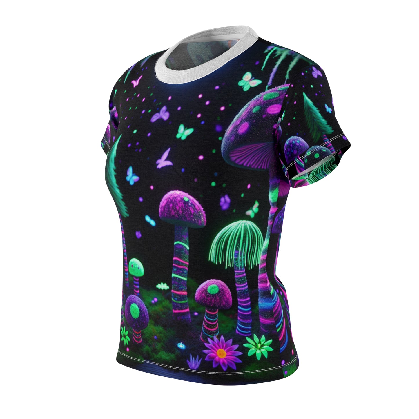 Fantastical Moonlit Forest T-Shirt - Blacklight Reactive - Neon Mushrooms, Glowing Flora, & Enchanted Fireflies - Women's Blacklight Tee