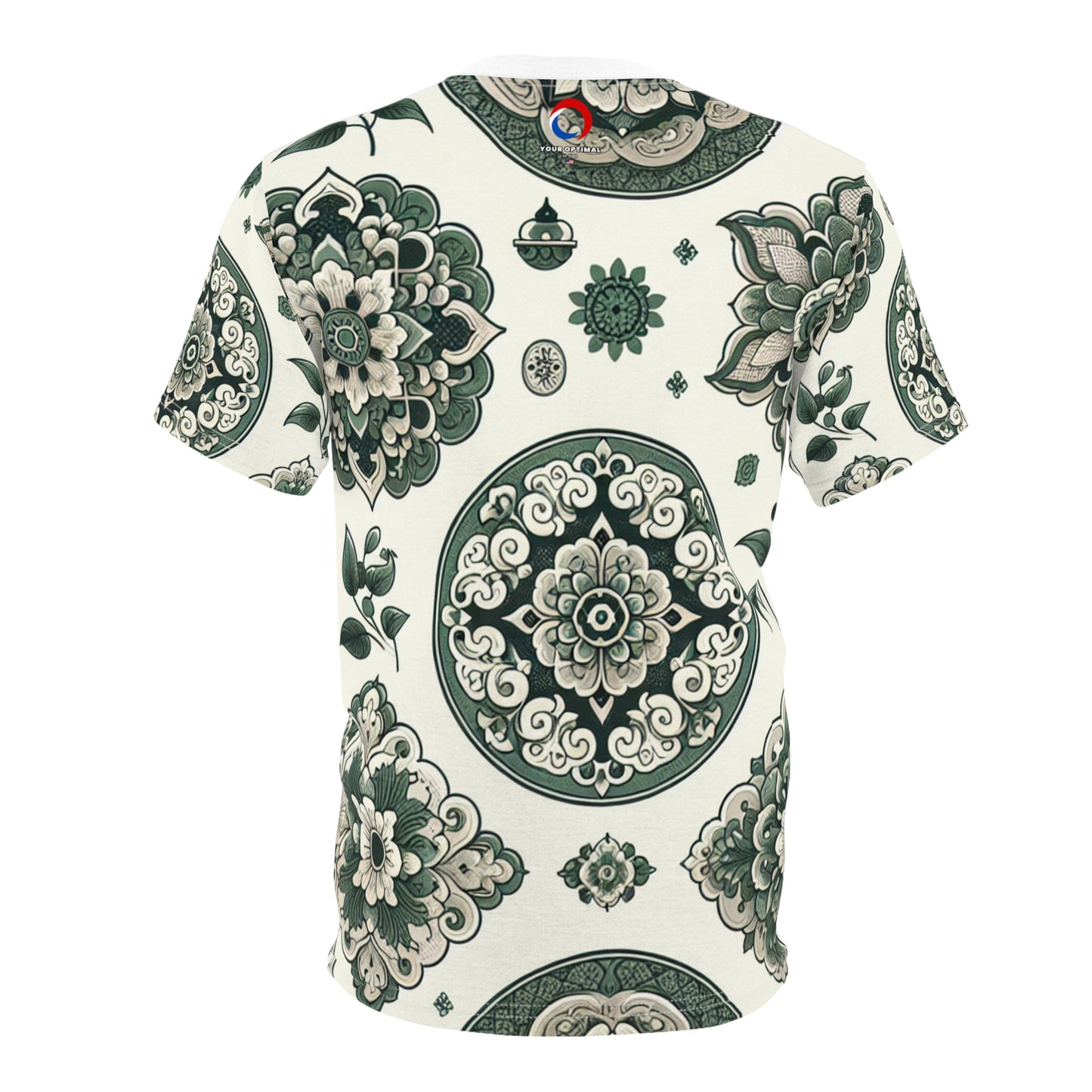 Classic Indian Motif T-Shirt - Intricate Geometric & Floral Design in Green on White - Modern Minimalist Apparel Inspired by Traditional Indian Motifs