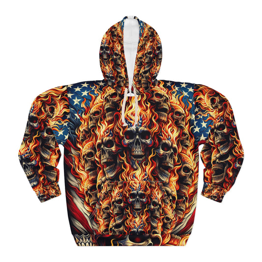 Blazing Patriotic Grit: Mesmeric Skull Invasion Hoodie - Patriotic Streetwear Hoodie