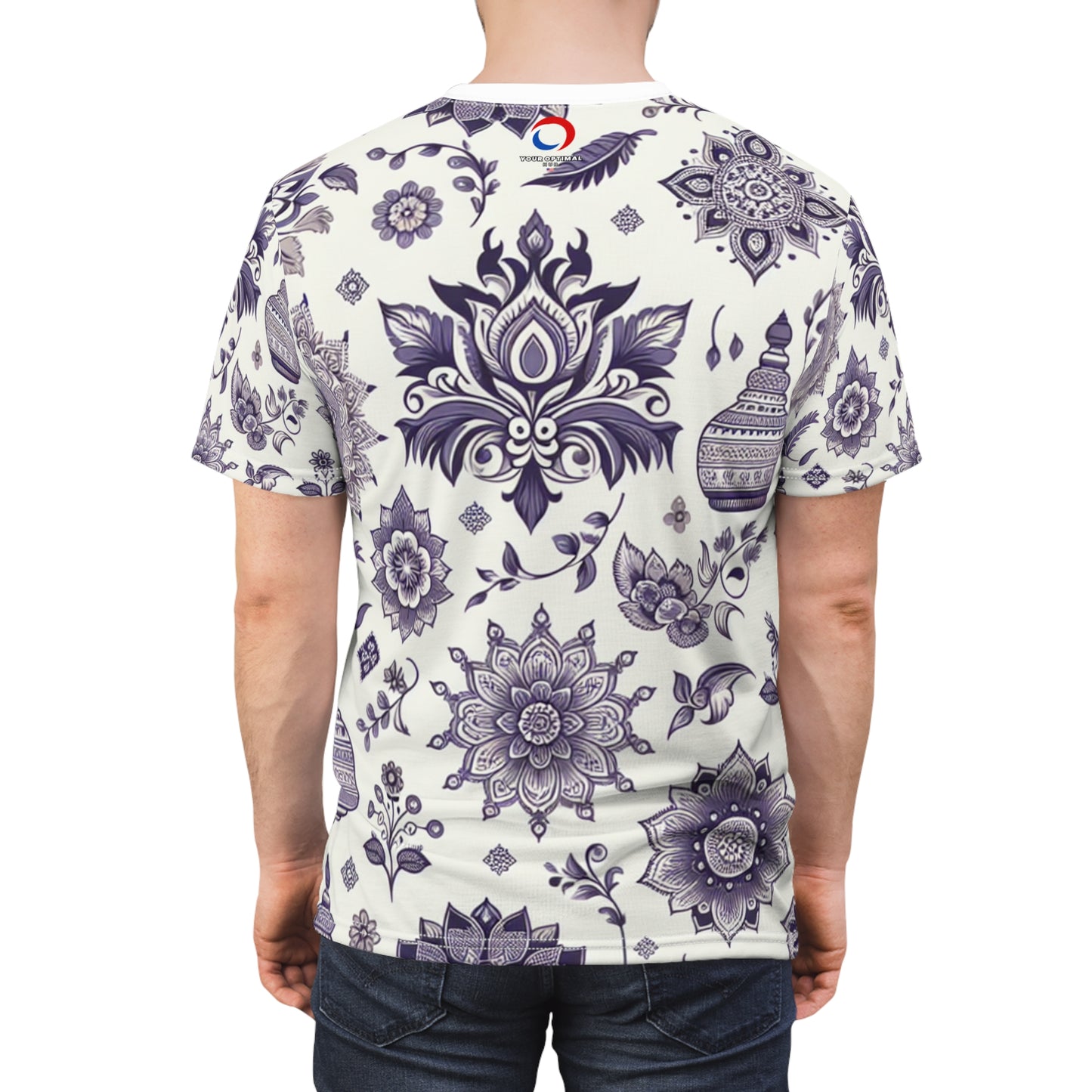 Purple and White Traditional Indian Motif Patterned Seamless T-shirt - Intricate Floral and Geometric Modern Design - Indian Streetwear