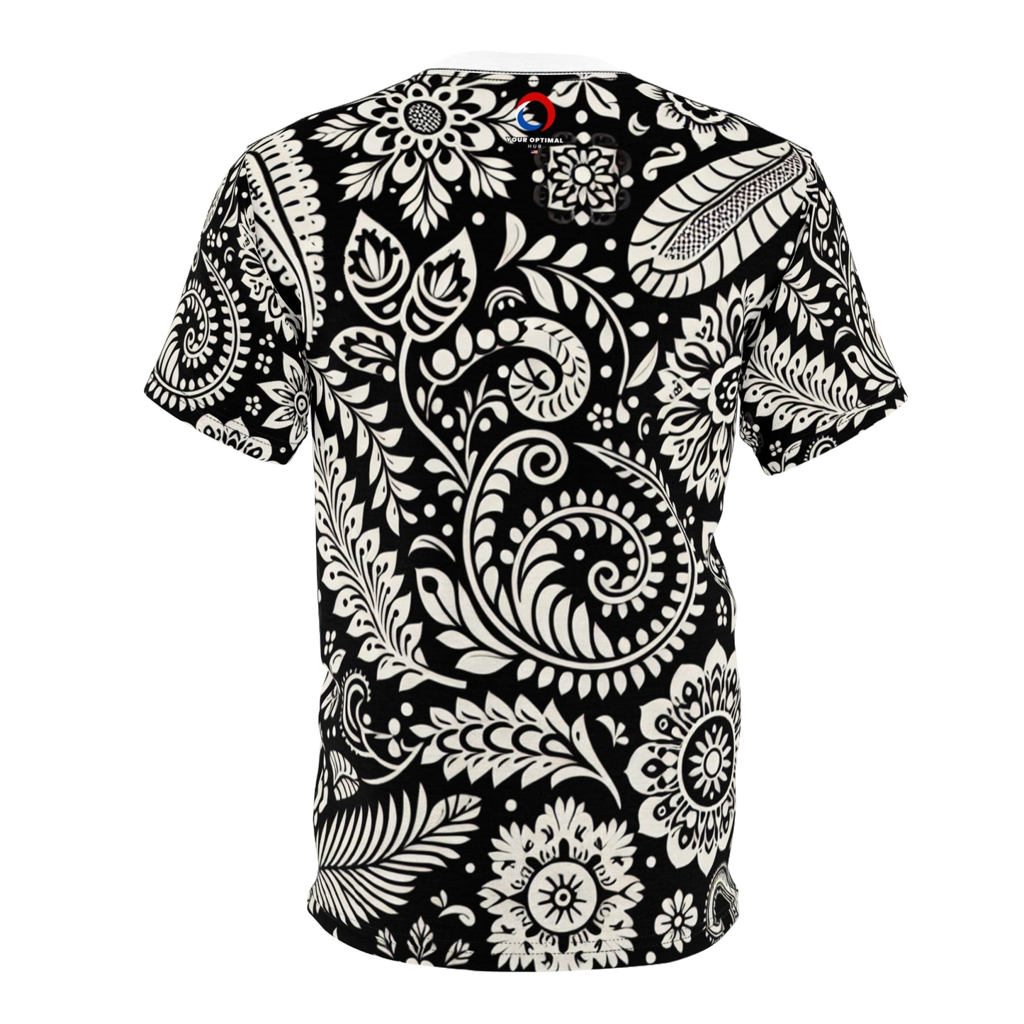 Black & White Intricate Indian Motif Seamless Pattern T-Shirt - Modern Minimalist Traditional Indian Floral and Geometric Design Tee