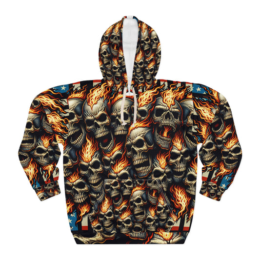 Inferno Patriot: Skull Blaze Tattoo Artistry Hoodie - Patriotic Streetwear Hoodie