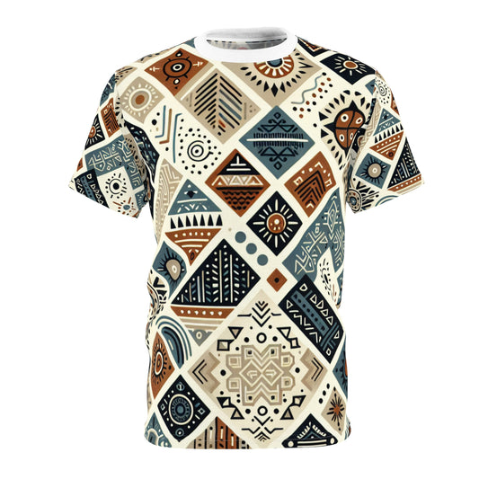 Berber Inspired Enigmatic Tattoo Pattern Tee in Native Earthy Palette - African Tribal Pattern-Inspired Tee