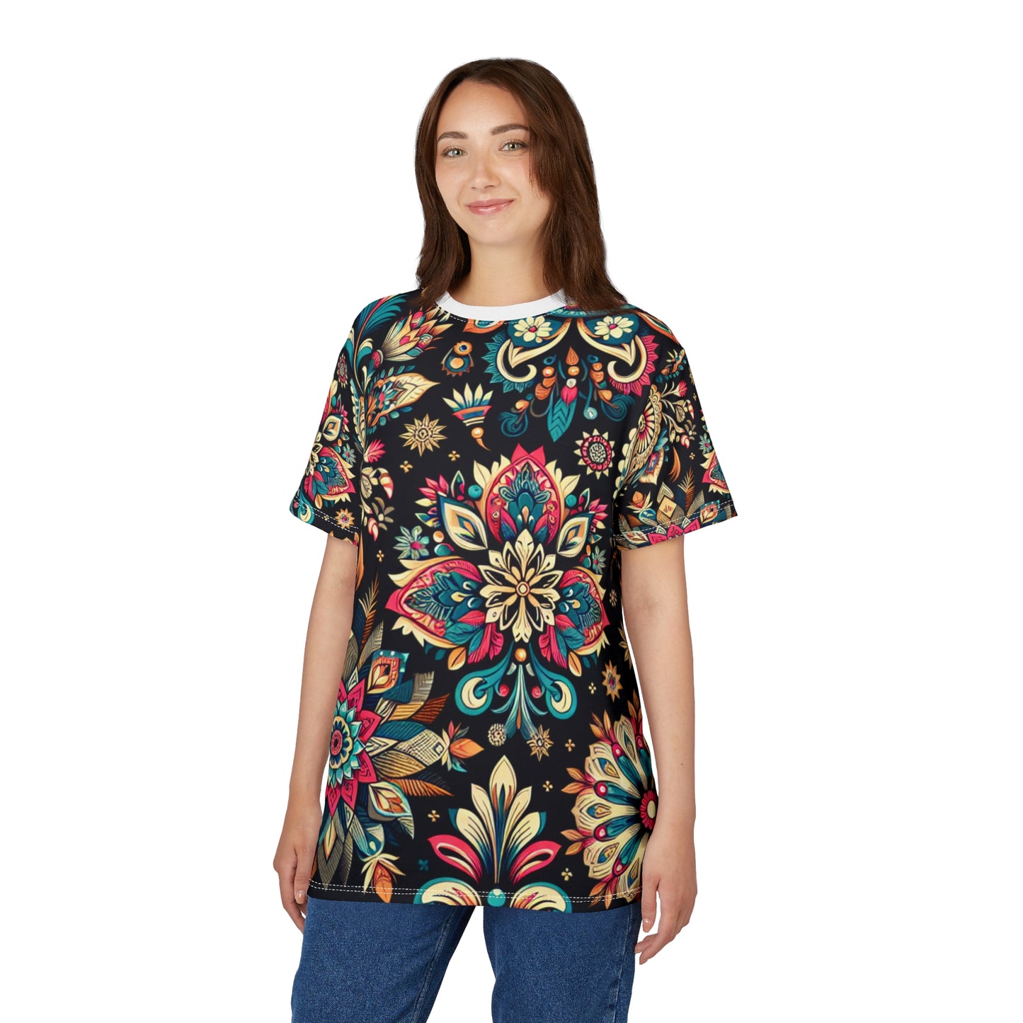 UV Reactive Boho-Chic T-Shirt with Intricate Neon Indian Motifs on Black Background - Scattered Geometric Floral Design
