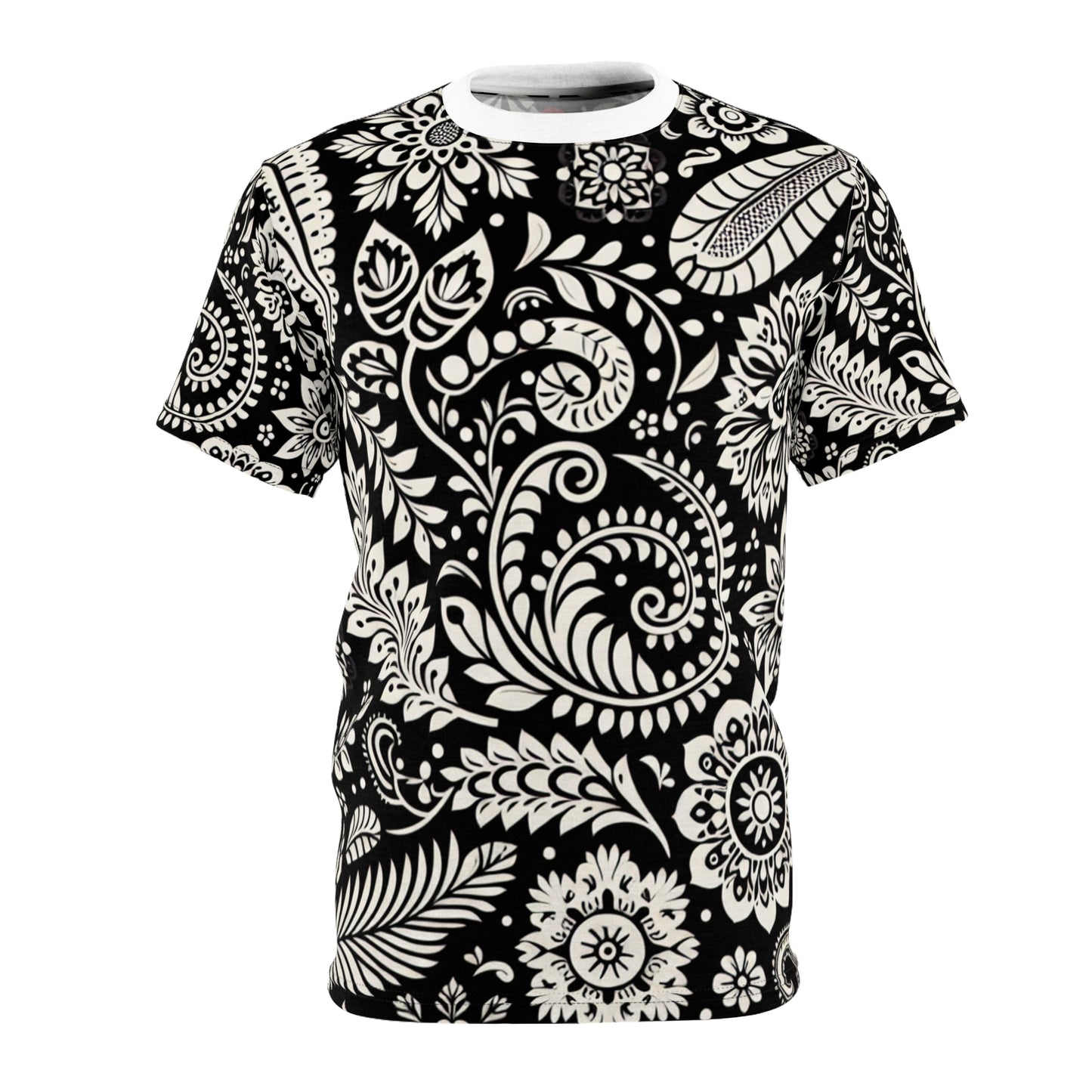 Black & White Intricate Indian Motif Seamless Pattern T-Shirt - Modern Minimalist Traditional Indian Floral and Geometric Design Tee