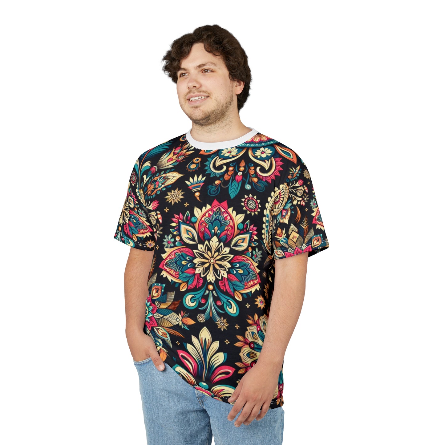 UV Reactive Boho-Chic T-Shirt with Intricate Neon Indian Motifs on Black Background - Scattered Geometric Floral Design