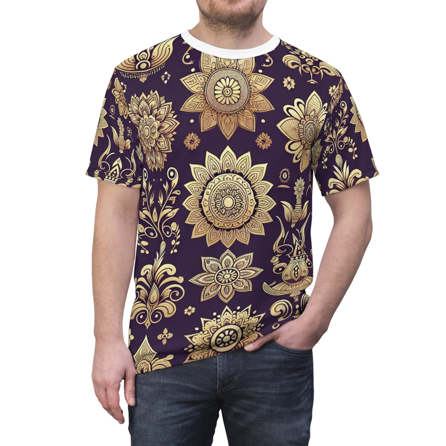 Traditional Indian Motifs Gold Reflections on Purple Seamless Pattern T-Shirt - Modern, Intricate Floral & Geometric Design Heritage Tee