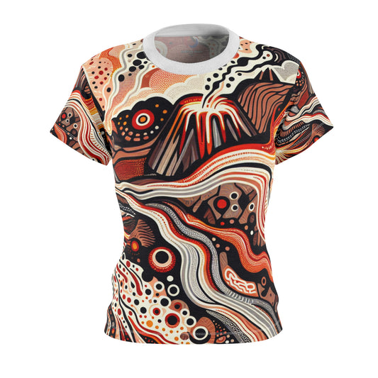 Fiery Aboriginal Landscape Themed Women's T-Shirt - Volcano Inspired Indigenous Dot Art Tee - Ancestral Connection-Inspired Apparel