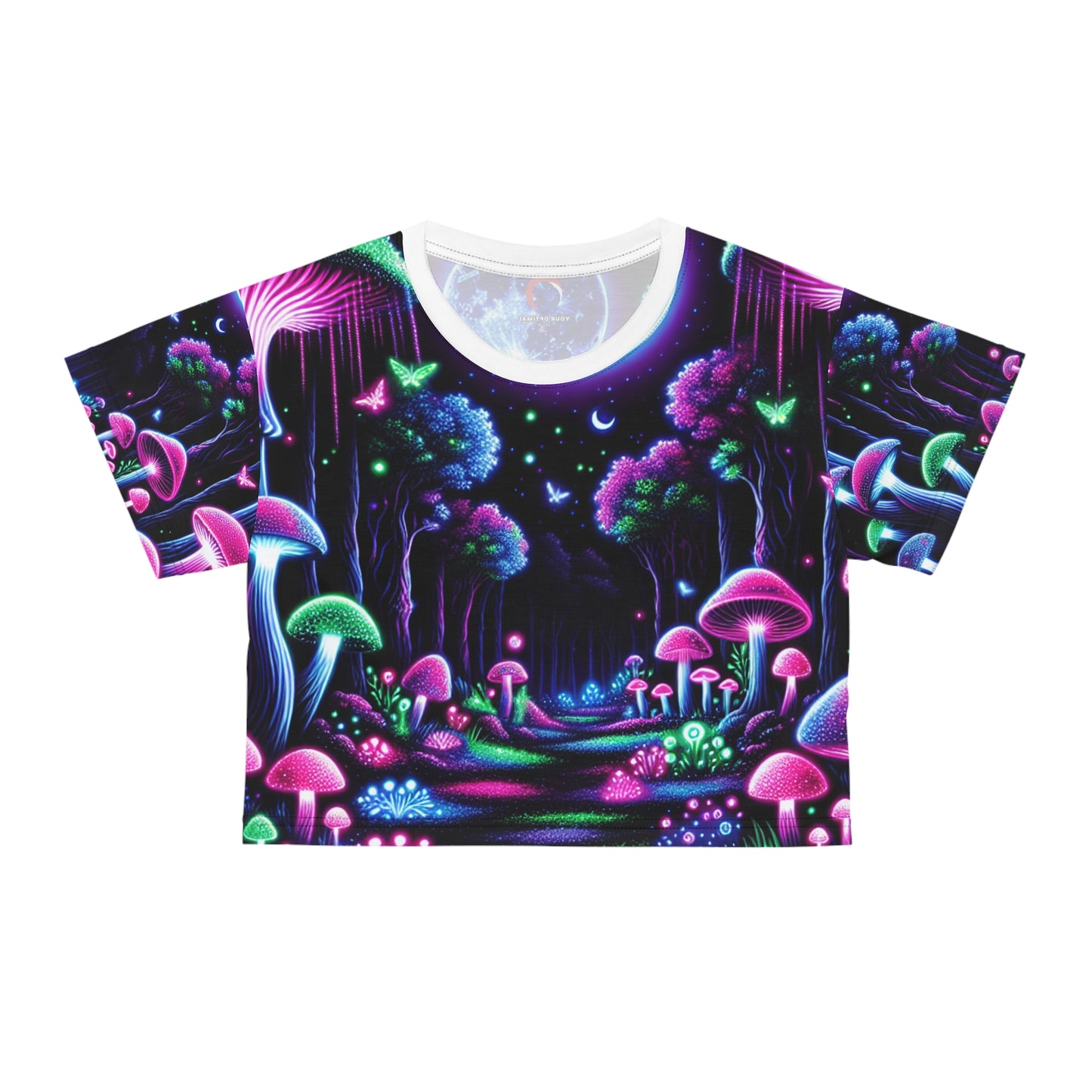 Glowing Moonlit Night Forest Crop Tee - Blacklight-Reactive, Neon Mushroom & Fireflies, Mystical Fashion - Women's Blacklight Tee