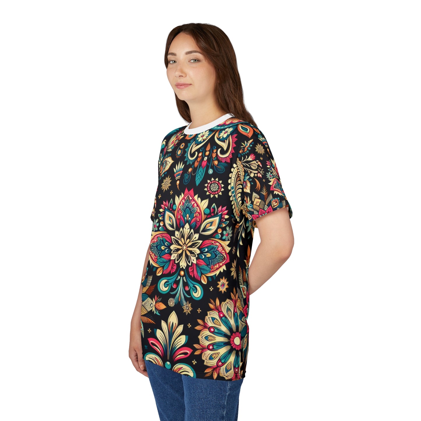 UV Reactive Boho-Chic T-Shirt with Intricate Neon Indian Motifs on Black Background - Scattered Geometric Floral Design