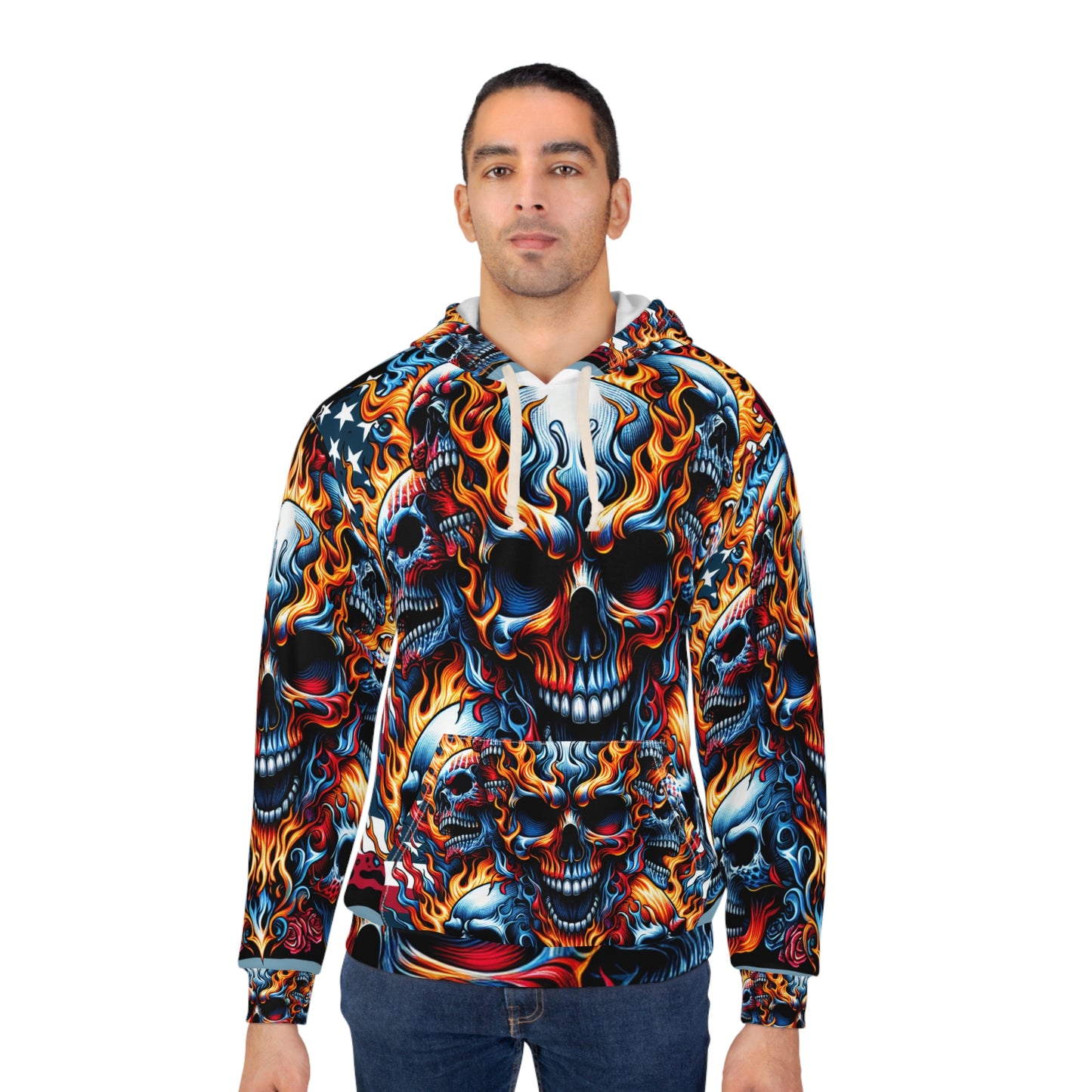 Patriotic Skull Hoodie Densely Packed Flaming Skulls with Bold Stars and Stripes - Patriotic Streetwear