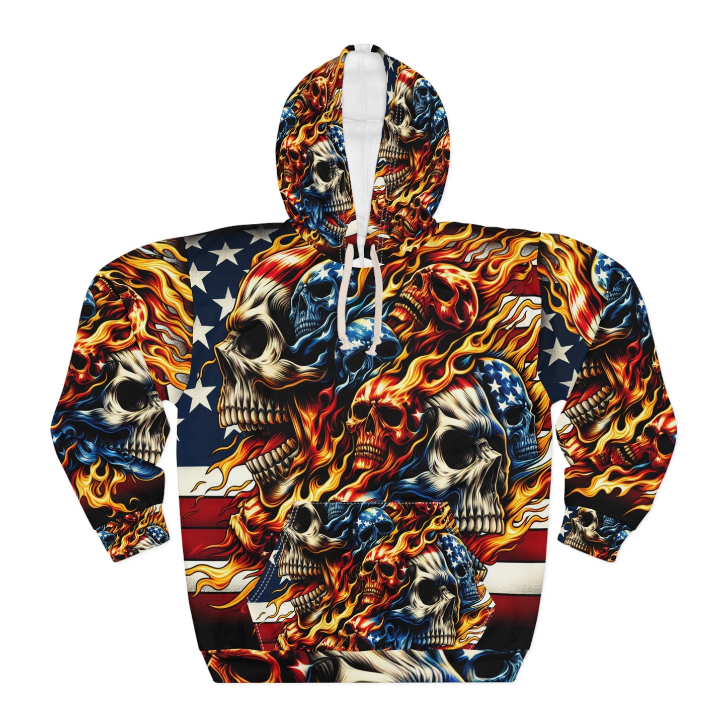 Fiery Skull Hoodie with American Flag Tattoo Style Bold Flames and Patriotic Stars - Patriotic Streetwear