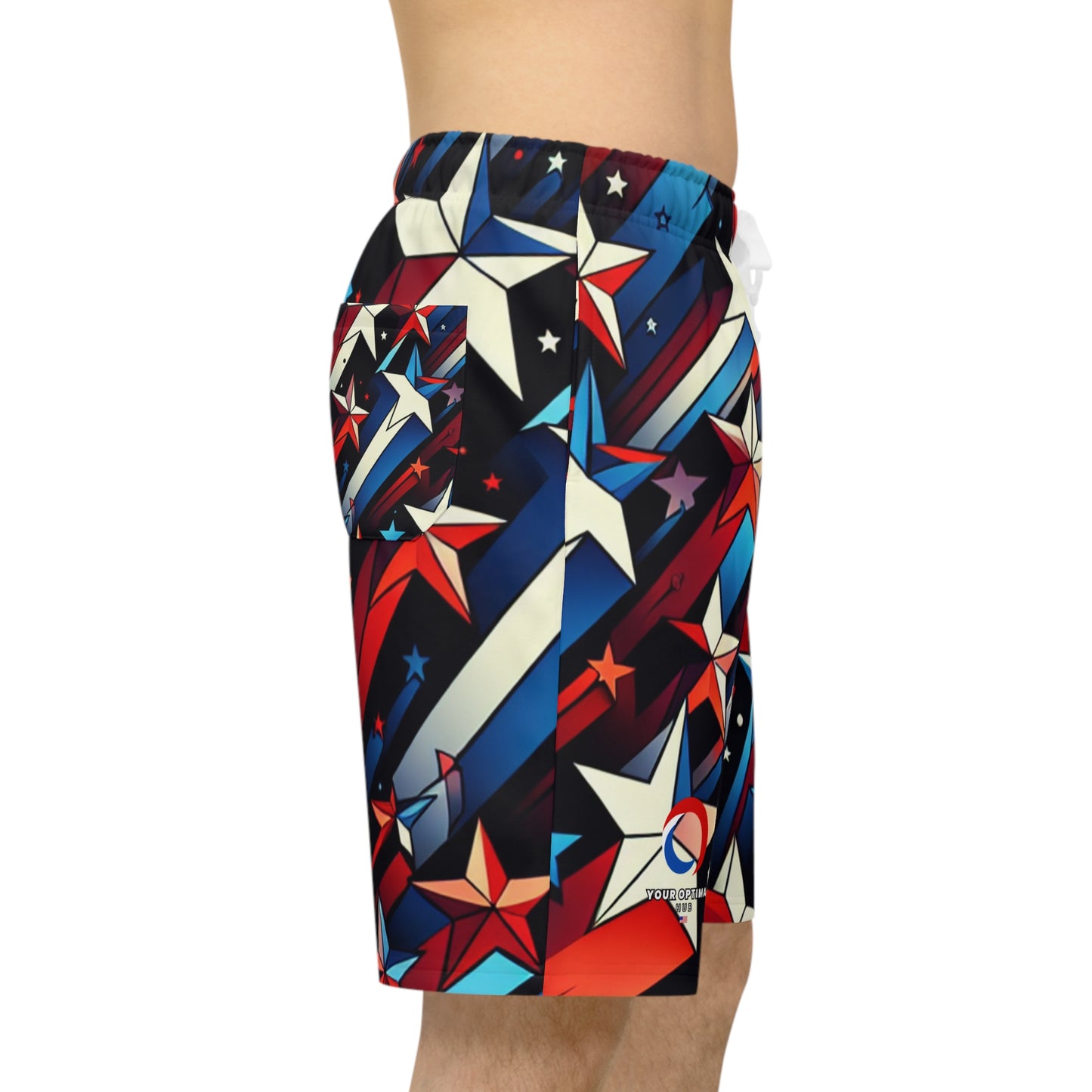 Festive 3D Starburst Shorts – Vibrant Red, White, & Blue – Patriotic Celebration Festival Wear - Patriotic Streetwear Shorts