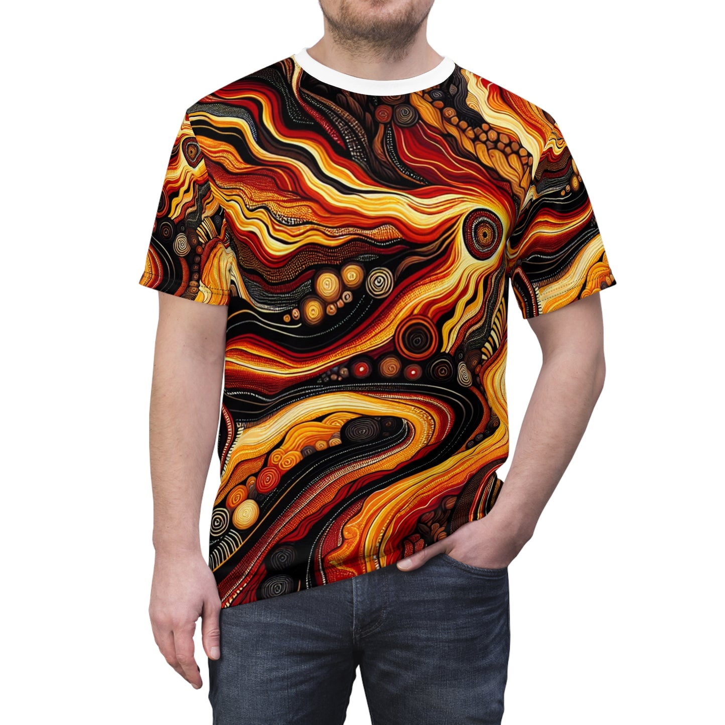 Aboriginal-Inspired Fiery Volcanic Artistic T-shirt - Earth's Molten Wildness - African Tribal Pattern-Inspired Apparel