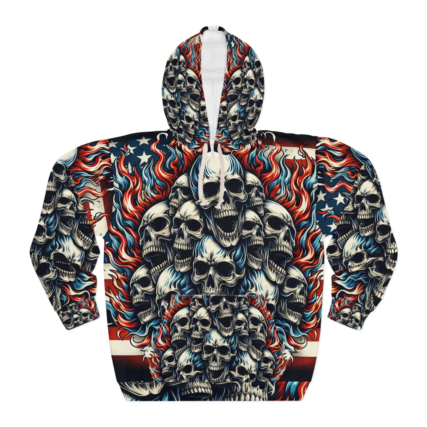 Inferno Patriotism: Skull Blaze & Stars Redux Hoodie - Patriotic Streetwear Hoodie