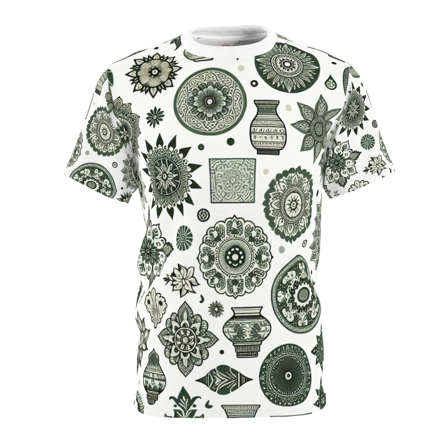 Green Floral-Geometric Indian Motifs: Traditional Seamless Design T-Shirt - Classic Aesthetics, Modern Design - Traditional Indian Motifs Tee