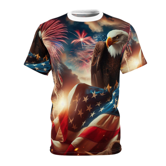 American Glory Patriotic T-Shirt: Majestic Bald Eagle & Vibrant USA Flag Design with Fireworks | Independence Day Spirit & Pride Tee | Patriotic Streetwear