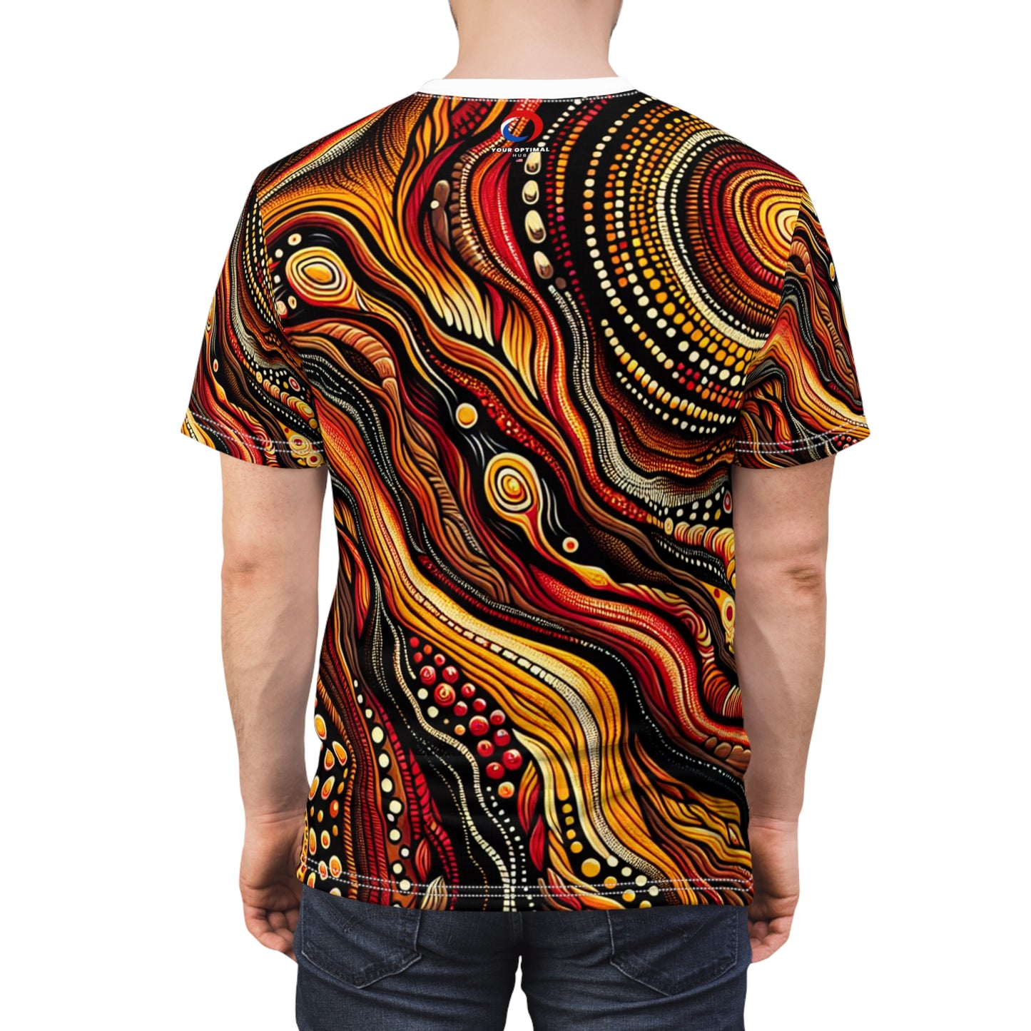 Aboriginal Lava Flow Tee: Red Hot Volcano Artistry; Earthy Tone Storytelling Shirt - African Tribal Pattern-Inspired Tee