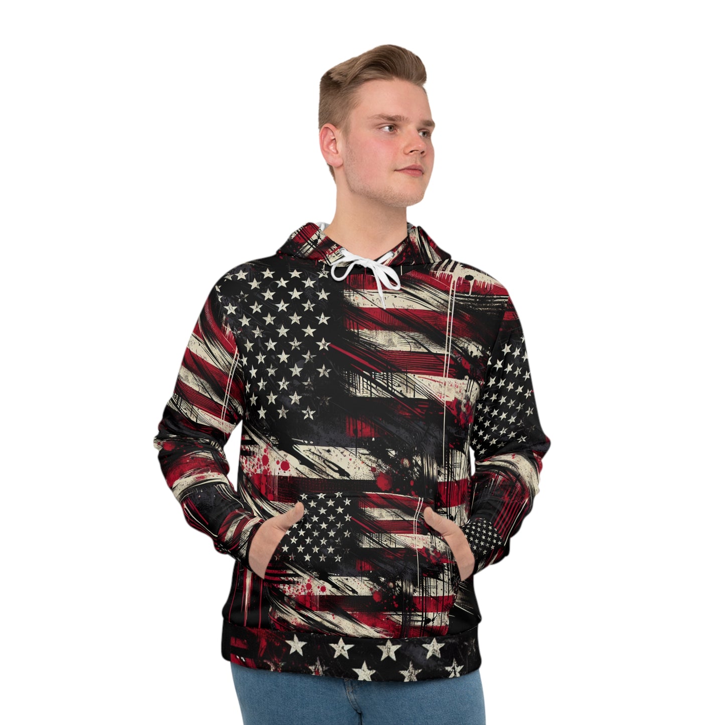 Grunge Glory USA Flag Hoodie - Edgy Streetwear Style, Patriotic Distressed Street Art Design, Urban Graffiti Splattered American Flag