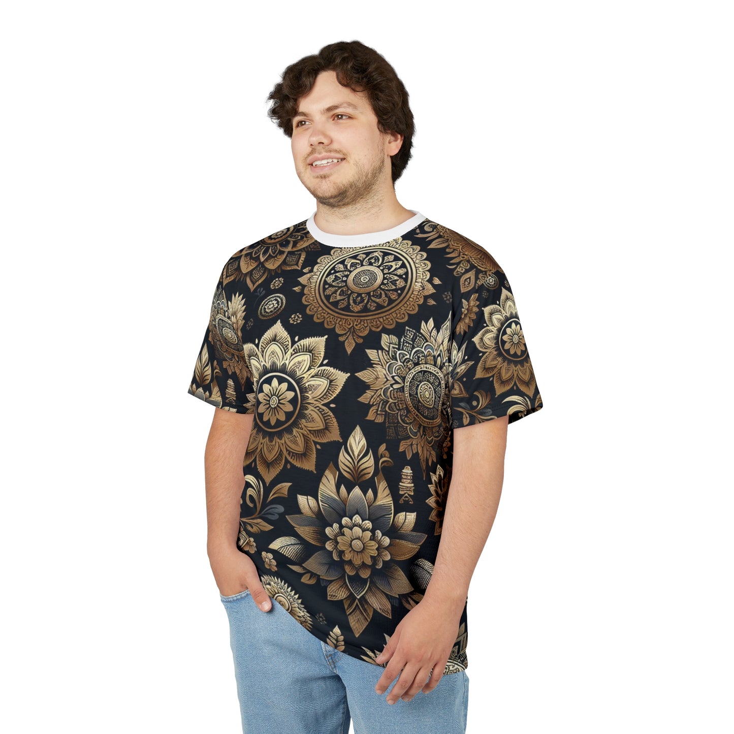 Gold on Black Indian Pattern Tee – Reflective Floral & Geometric Motif Design Shirt