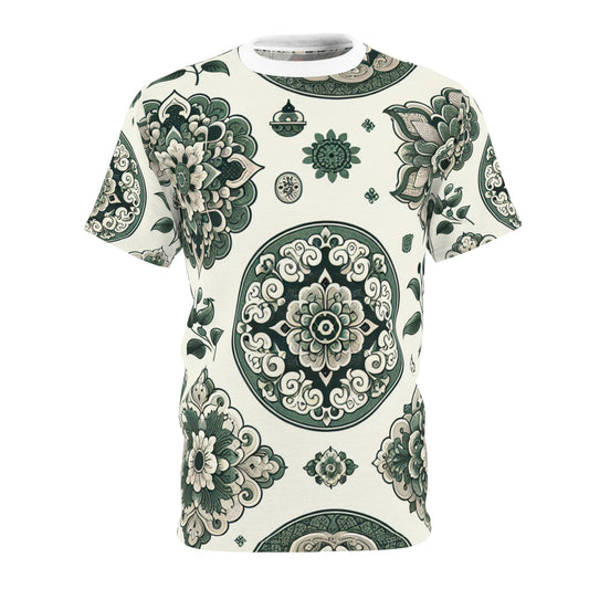 Classic Indian Motif T-Shirt - Intricate Geometric & Floral Design in Green on White - Modern Minimalist Apparel Inspired by Traditional Indian Motifs