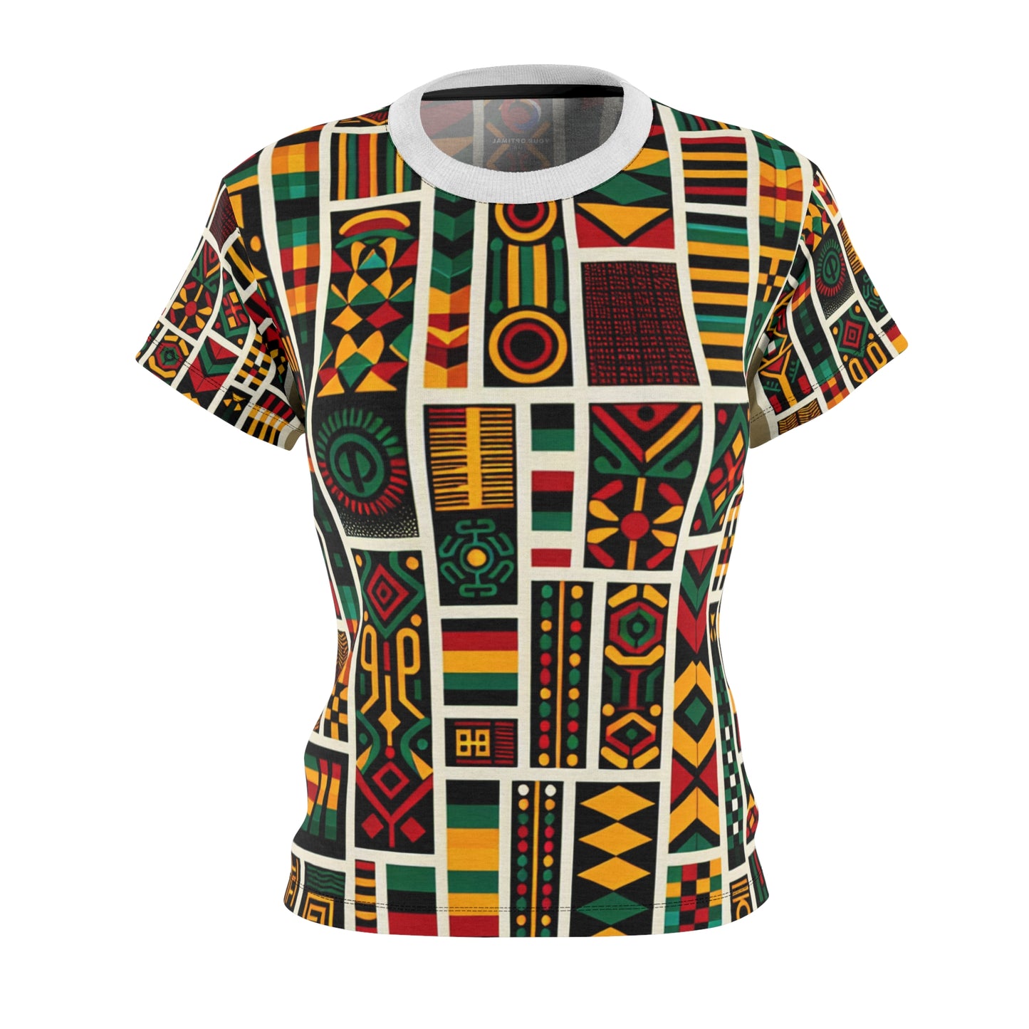 Bold Pan-African Tribute Women's Tee: Vibrant Geometric & Cultural Symbolism in Kente, Adinkra Patterns - African Tribal Pattern-Inspired