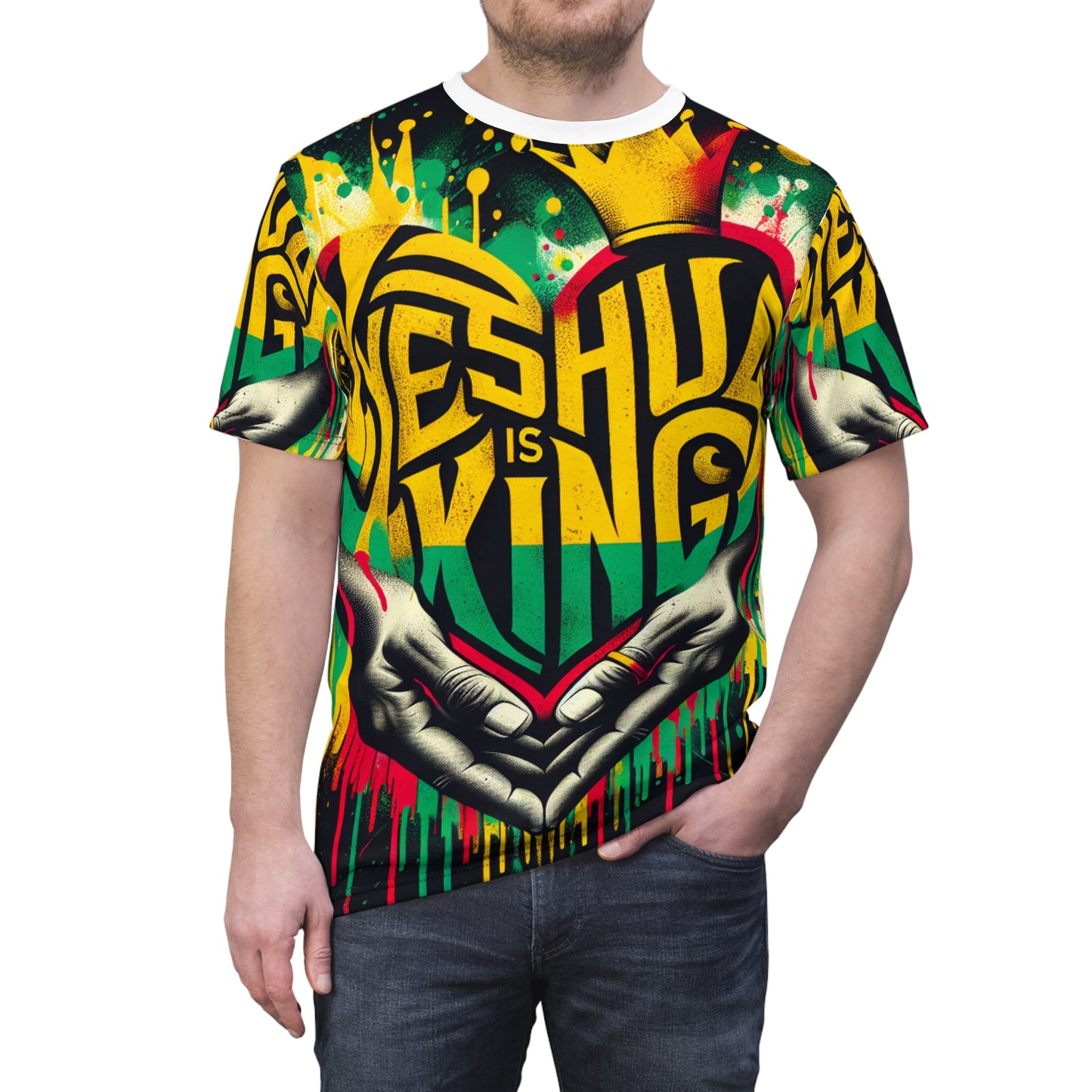 Vibrant Rasta-Inspired 'Yeshua is King' Graffiti Heart T-Shirt - Edgy Faith-Based Word Art - Rastafarian Art-Inspired Tee