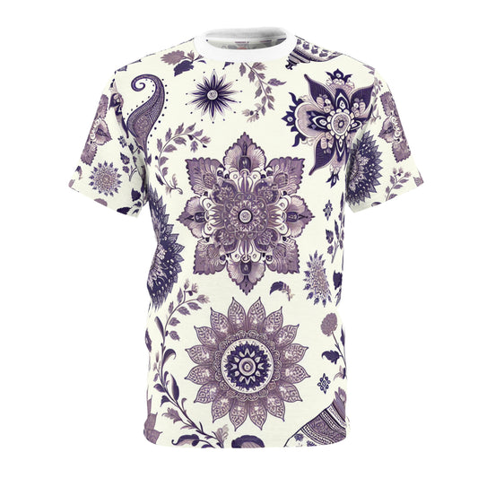 Traditional Indian Motifs T-Shirt: Minimalist White & Purple Indian Motif Collection - Intricate Floral & Geometric Seamless Pattern Designer Tee