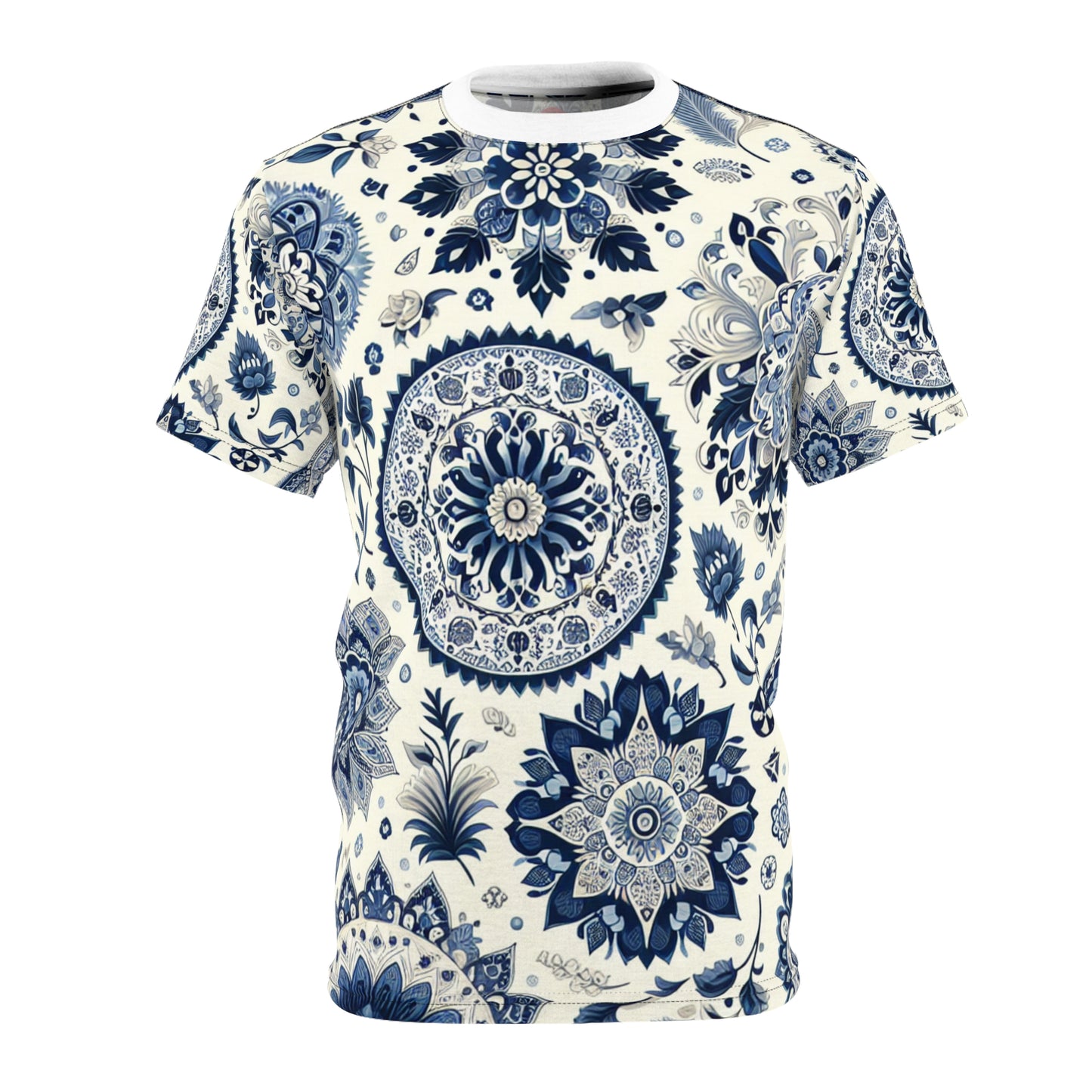 Classic Indian Motif Patterned T-Shirt: Seamless Traditional Design, Intricate Floral & Geometric Shapes in Blue-White Palette - Traditional Indian Motifs Tee