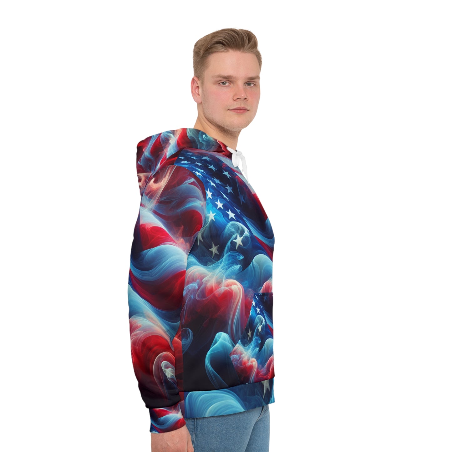 Mystic American Flag Hoodie - Artistic Red & Blue USA Pride - Ethereal Smoke Overlay - Surreal Dreamlike Stars & Stripes Design