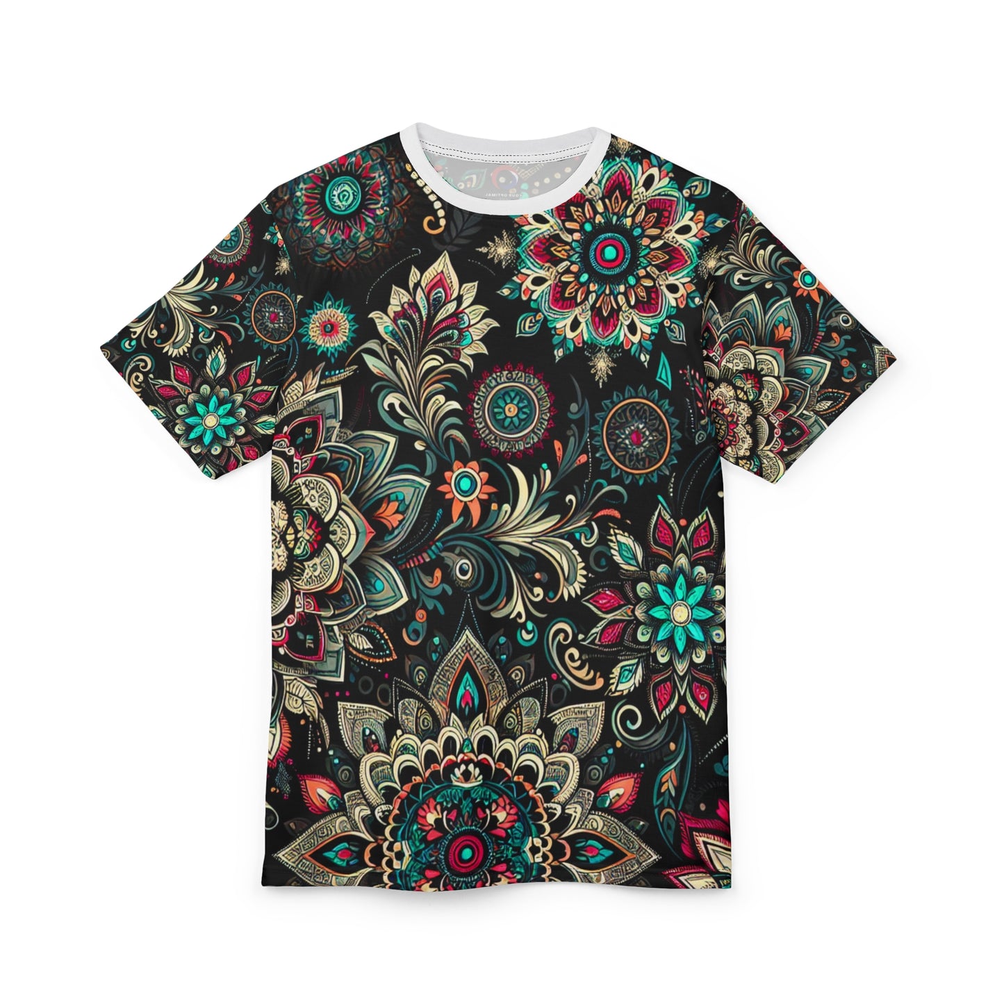 UV Reactive Traditional Indian Motifs T-Shirt - Scattered Radiating Bioluminescent Print on Black Background