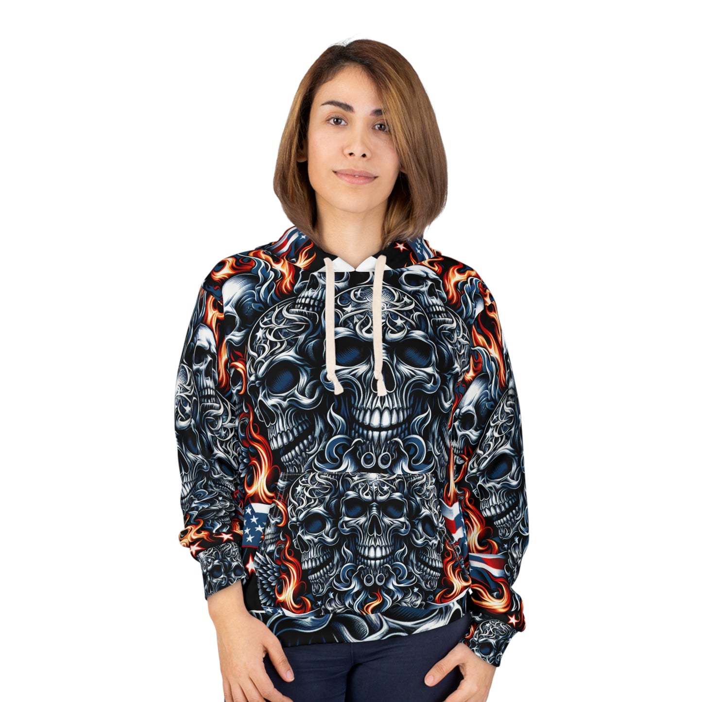 Inferno Patriot: Tattoo Artistry Hoodie Fused With Daring Skull Emblem & American Pride - Patriotic Streetwear Hoodie