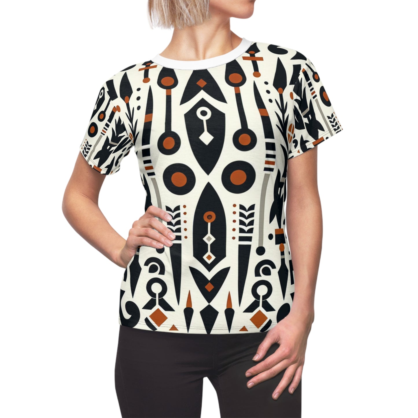 African Heritage Fusion Women's T-Shirt - Monochrome Modern Design with Vibrant Orange Accents, Indigenous Graphics - African Tribal Pattern-Inspired