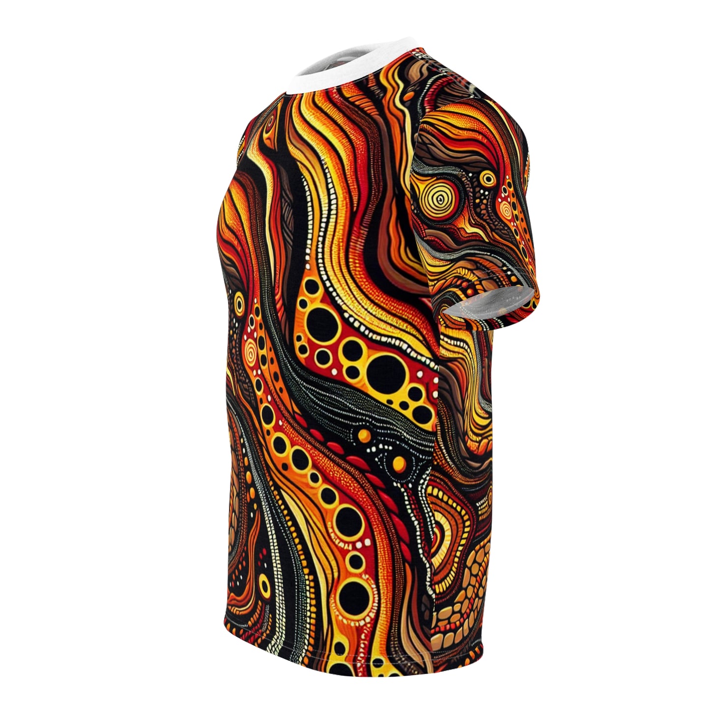 Fiery Aboriginal Landscape T-shirt: Volcano-inspired Art, Lava & Earthy Tones Shirt - African Tribal Pattern-Inspired Tee