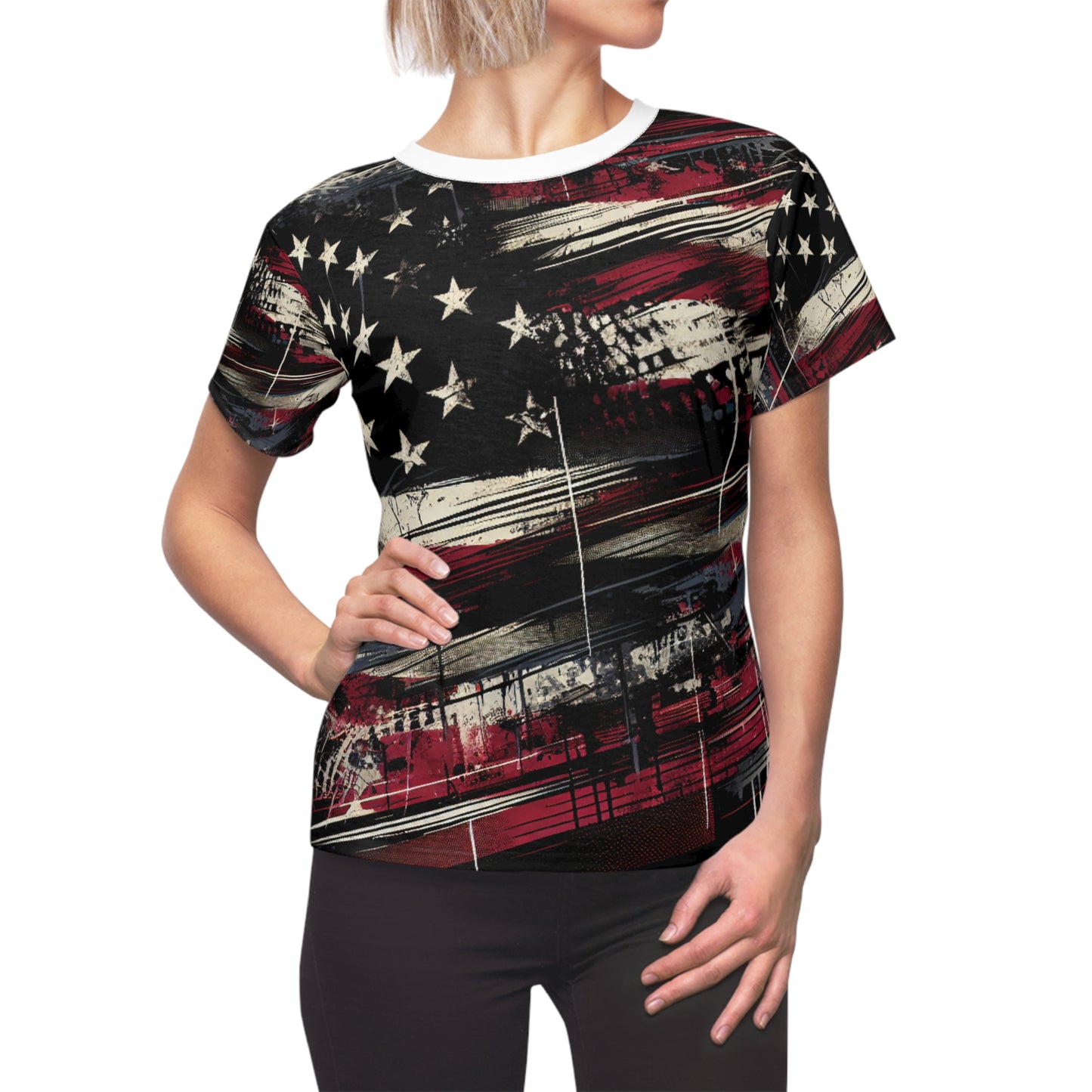 Gritty Patriot: Women's Grunge Streetwear T-Shirt, Distressed American Flag Design, Urban Graffiti Style - Patriotic Streetwear Tee