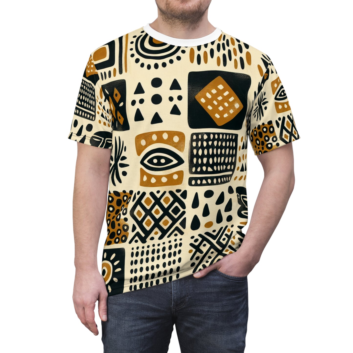 Handcrafted, Abstract African Mud Cloth Design T-shirt, Tribal Motifs in Organic Colors - African Tribal Pattern-Inspired Tee