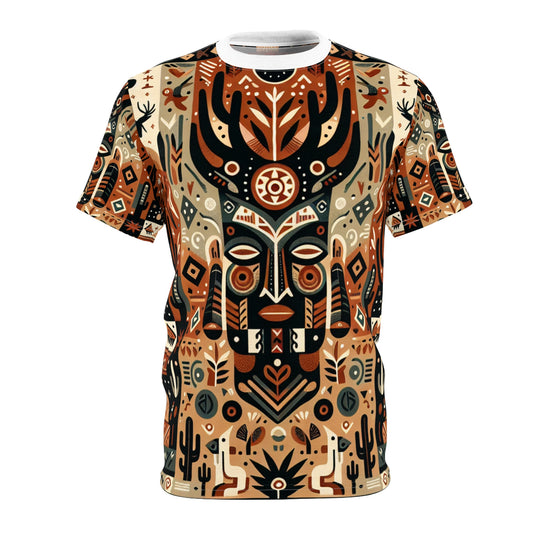 African-Desert Fusion Tee: Tribal Totem and Southwest Nature Tapestry in Earthy Tones - African Tribal Pattern-Inspired