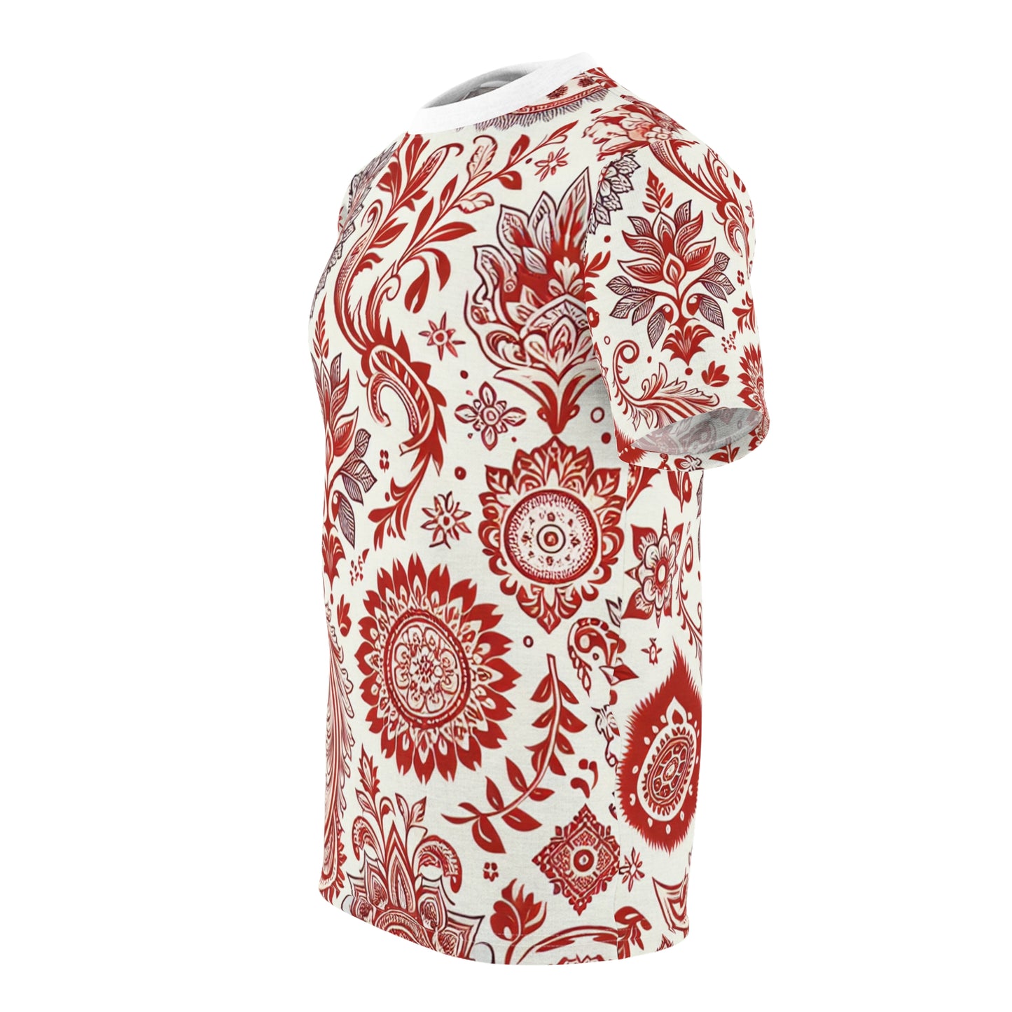 Classic Indian Motifs Scatter Pattern Premium Red-On-White T-Shirt: Seamless Design with Floral-Geometric Shapes - Traditional Indian Motifs Tee