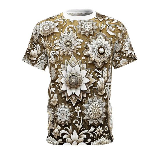 White & Gold Indian Motif Collection: Intricate Floral & Geometric Patterns on Seamless T-Shirt - Modern Minimalist Design on Traditional Indian Heritage Tee