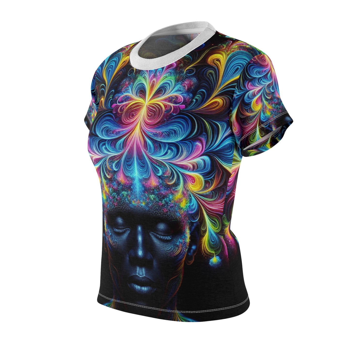 Psychedelic Serenity: Women's Neon Meditation Tee with Vibrant Energy Crown & Surreal Floral Motifs - Women's Trippy Tee