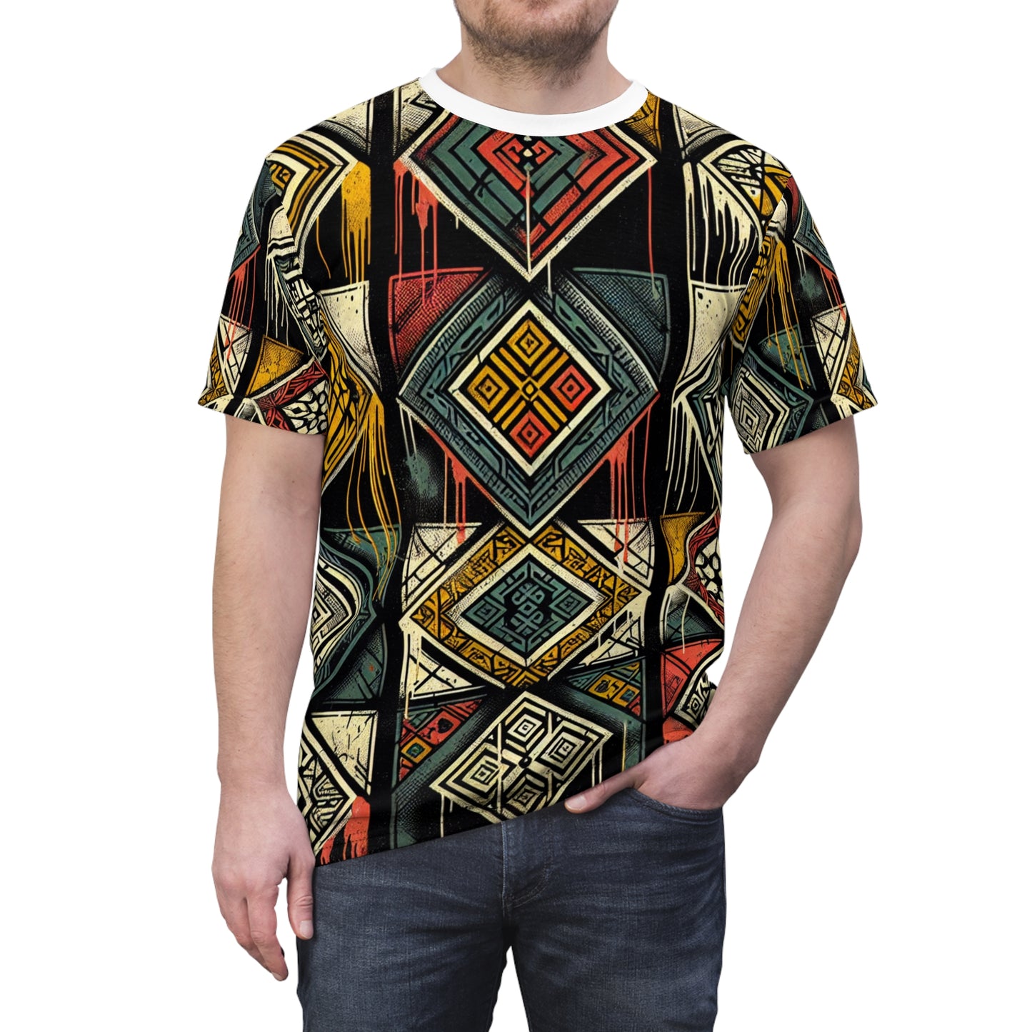 Urban Graffiti Meets Afrocentric Art - Distressed Street-Style T-Shirt with Diamond Geometric-Pattern - African Streetwear