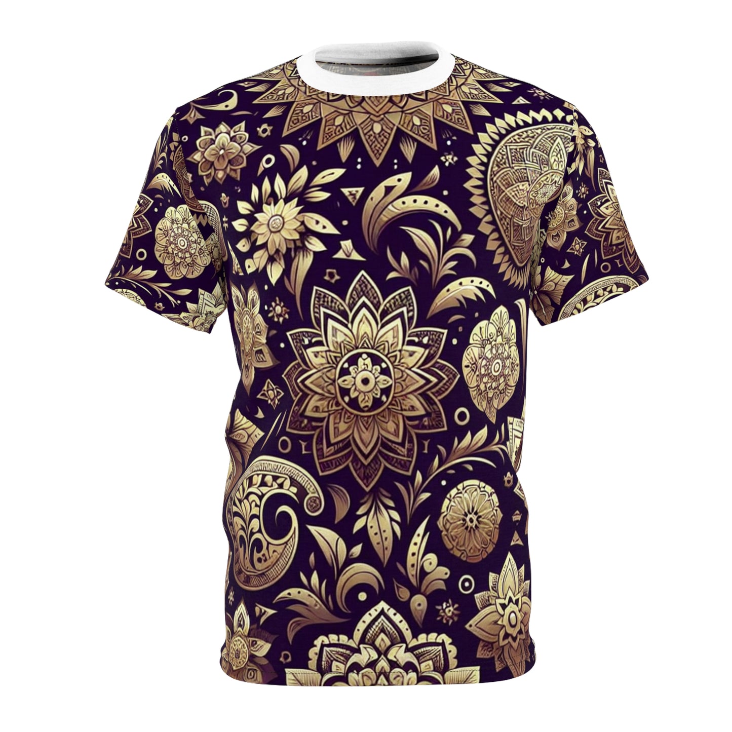 Premium Ethnic Gold & Purple T-Shirt with Traditional Indian Motifs - Seamless Pattern Design with Intricate Floral and Geometric Shapes - Luxurious Reflect Tee