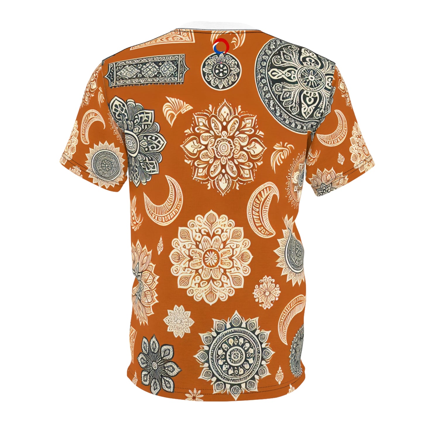 Orange Indian Motif T-Shirt – White Floral & Geometric Pattern, Minimal Ethnic Wallpaper Tee, Traditional India Design Apparel