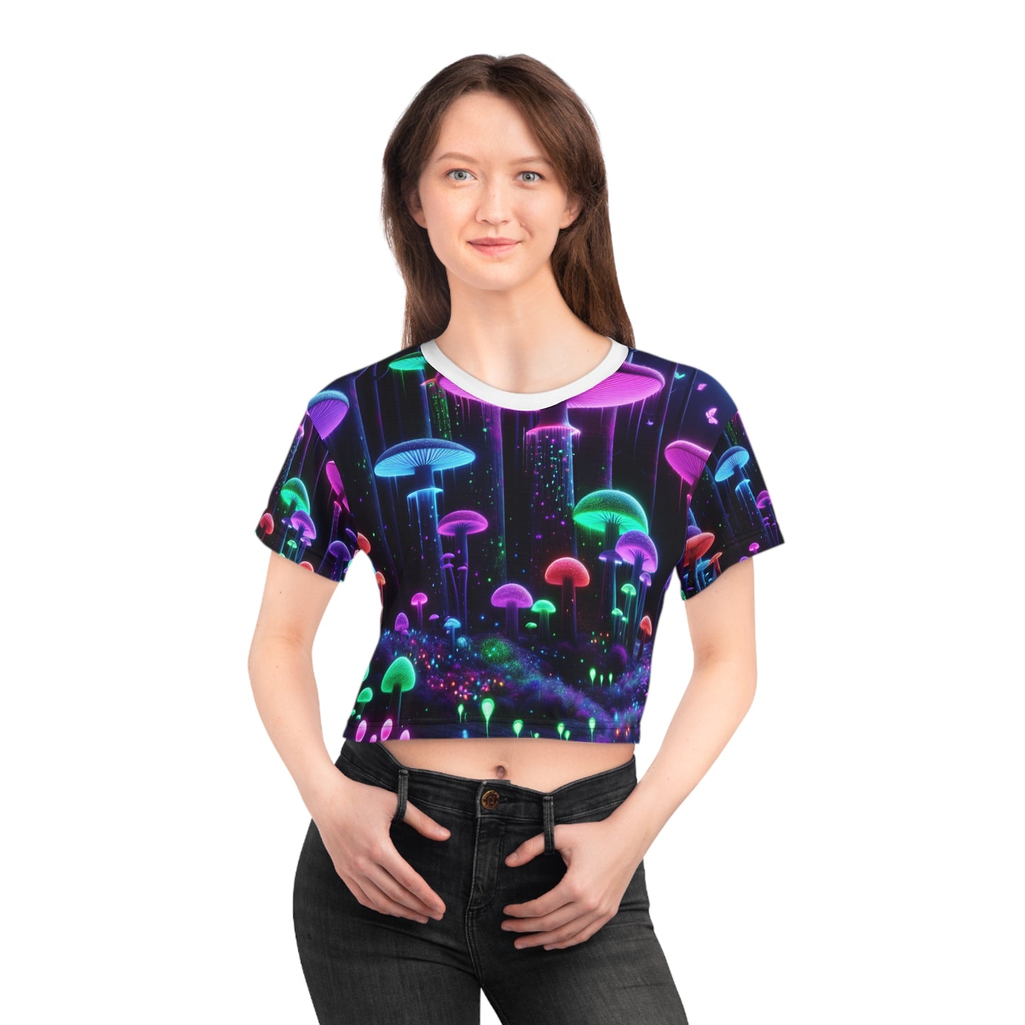 Mystical Moonlit Forest Glow: Blacklight-Ready Crop Tee with Neon Mushrooms, UV-Fluorescent Flora - Women's Blacklight Tee