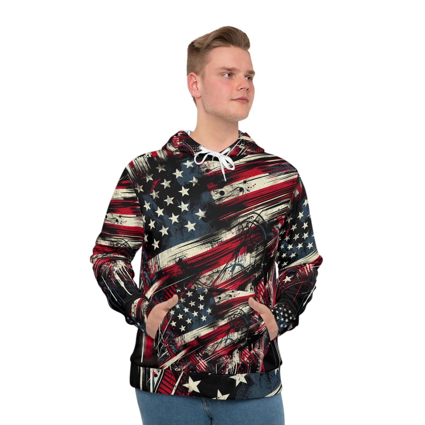 Urban Grunge American Flag Graphic Hoodie - Edgy Streetwear Style, Graffiti-Inspired Distressed Flag Design with Bold Splatter Effects